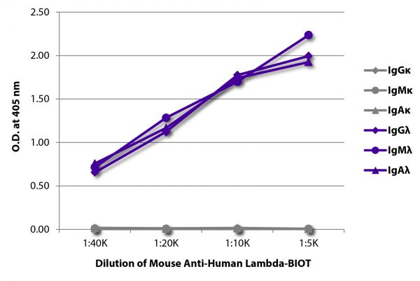 ELISA plate was coated with purified human IgGκ, IgMκ, IgAκ, IgGλ, IgMλ, and IgAλ. Immunoglobulins were detected with serially diluted Mouse Anti-Human Lambda-BIOT (SB Cat. No. 9180-08) followed by Streptavidin-HRP (SB Cat. No. 7100-05).