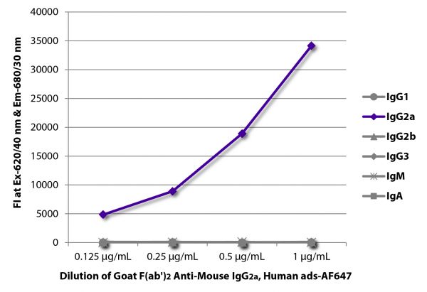 FLISA plate was coated with purified mouse IgG<sub>1</sub>, IgG<sub>2a</sub>, IgG<sub>2b</sub>, IgG<sub>3</sub>, IgM, and IgA.  Immunoglobulins were detected with serially diluted Goat F(ab')<sub>2</sub> Anti-Mouse IgG<sub>2a</sub>, Human ads-AF647 (SB Cat. No. 1082-31).