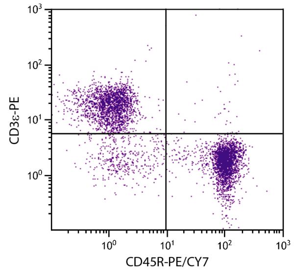 BALB/c mouse splenocytes were stained with Rat Anti-Mouse CD45R-PE/CY7 (SB Cat. No. 1665-17) and Rat Anti-Mouse CD3ε-PE (SB Cat. No. 1535-09).