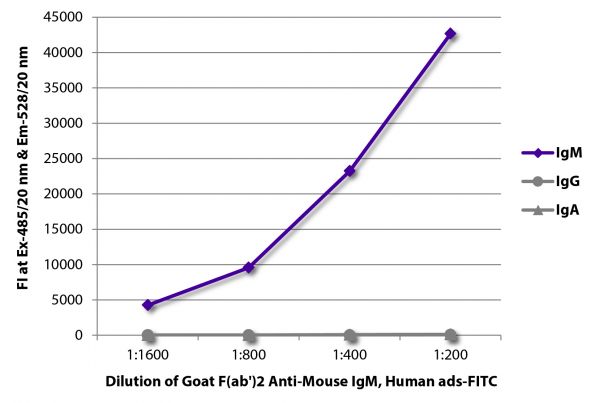 FLISA plate was coated with purified mouse IgM, IgG, and IgA.  Immunoglobulins were detected with serially diluted Goat F(ab')<sub>2</sub> Anti-Mouse IgM, Human ads-FITC (SB Cat. No. 1022-02).