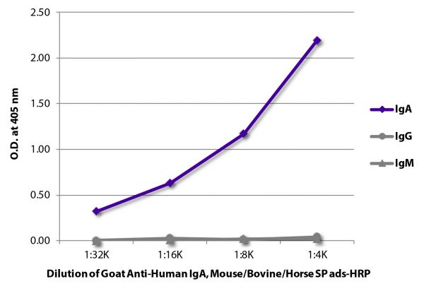 ELISA plate was coated with purified human IgA, IgG, and IgM. Immunoglobulins were detected with serially diluted Goat Anti-Human IgA, Mouse/Bovine/Horse SP ads-HRP (SB Cat. No. 2053-05).