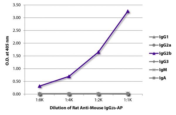 ELISA plate was coated with purified mouse IgG<sub>1</sub>, IgG<sub>2a</sub>, IgG<sub>2b</sub>, IgG<sub>3</sub>, IgM, and IgA. Immunoglobulins were detected with serially diluted Rat Anti-Mouse IgG<sub>2b</sub>-AP (SB Cat. No. 1186-04).