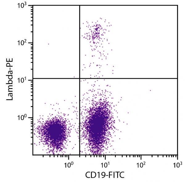 BALB/c mouse splenocytes were stained with Goat Anti-Mouse Lambda-PE (SB Cat. No. 1060-09) and Rat Anti-Mouse CD19-FITC (SB Cat. No. 1575-02).