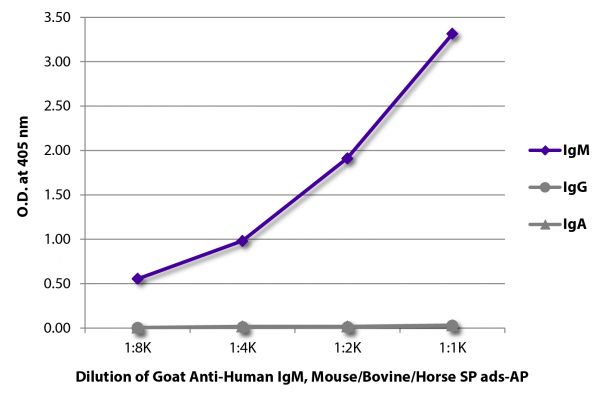 ELISA plate was coated with purified human IgM, IgG, and IgA.  Immunoglobulins were detected with serially diluted Goat Anti-Human IgM, Mouse/Bovine/Horse SP ads-AP  (SB Cat. No. 2023-04).