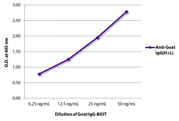 ELISA plate was coated with Rabbit Anti-Goat IgG(H+L)-UNLB (SB Cat. No. 6160-01).  Serially diluted Goat IgG-BIOT (SB Cat. No. 0109-08) was captured followed by Streptavidin-HRP (SB Cat. No. 7100-05) and quantified.