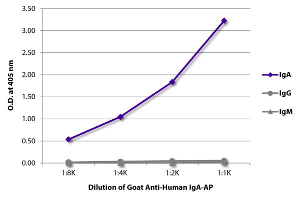 ELISA plate was coated with purified human IgA, IgG, and IgM. Immunoglobulins were detected with serially diluted Goat Anti-Human IgA-AP (SB Cat. No. 2050-04).