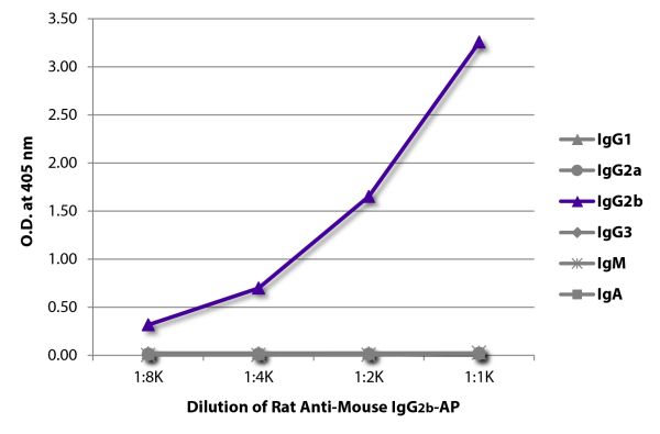 ELISA plate was coated with purified mouse IgG<sub>1</sub>, IgG<sub>2a</sub>, IgG<sub>2b</sub>, IgG<sub>3</sub>, IgM, and IgA. Immunoglobulins were detected with serially diluted Rat Anti-Mouse IgG<sub>2b</sub>-AP (SB Cat. No. 1186-04).