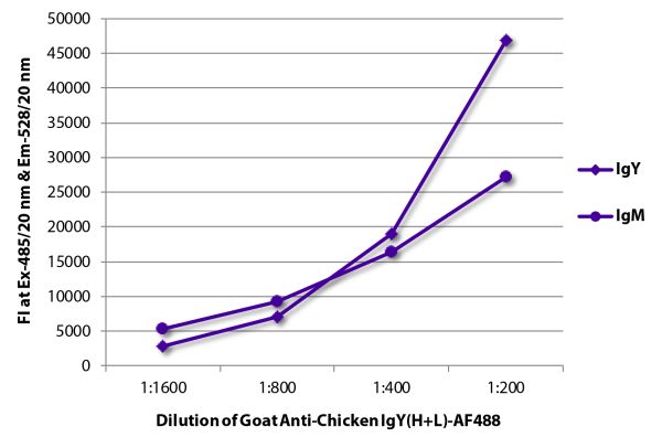 FLISA plate was coated with purified chicken IgY and IgM.  Immunoglobulins were detected with Goat Anti-Chicken IgY(H+L)-AF488 (SB Cat. No. 6100-30).