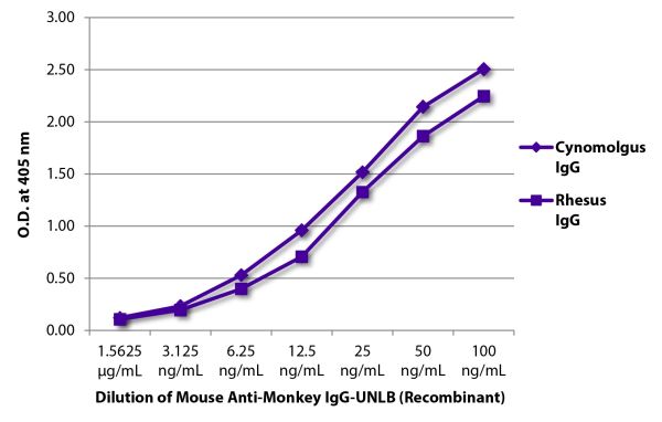 ELISA plate was coated with purified cynomolgus and rhesus IgG.  Immunoglobulins were detected with serially diluted Mouse Anti-Monkey IgG-UNLB (Recombinant) (SB Cat. No. 24700-01) followed by Goat Anti-Mouse IgG<sub>1</sub>, Human ads-HRP (SB Cat. No. 1070-05).