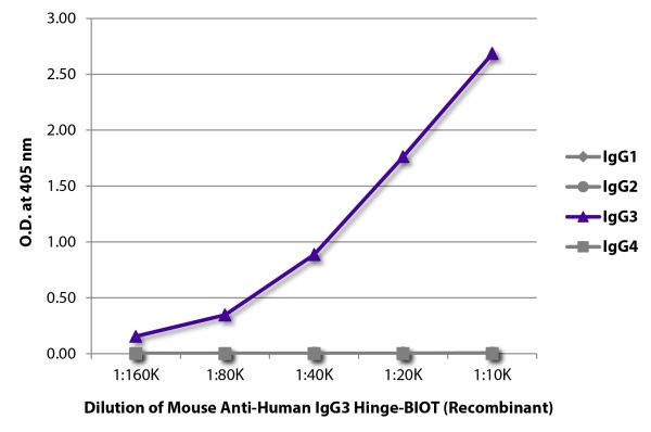 ELISA plate was coated with purified human IgG<sub>1</sub>, IgG<sub>2</sub>, IgG<sub>3</sub>, and IgG<sub>4</sub>.  Immunoglobulins were detected with serially diluted Mouse Anti-Human IgG<sub>3</sub> Hinge-BIOT (Recombinant) (SB Cat. No. 29210-08) followed by Streptavidin-HRP (SB Cat. No. 7105-05).