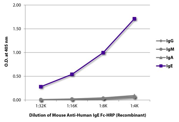 ELISA plate was coated with purified human IgG, IgM, IgA, and IgE.  Immunoglobulins were detected with serially diluted Mouse Anti-Human IgE Fc-HRP (Recombinant) (SB Cat. No. 29250-05).