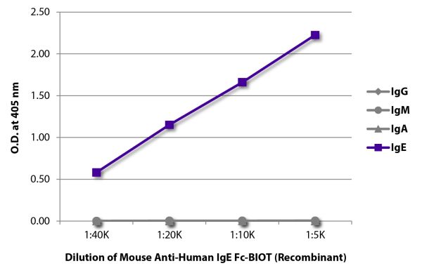 ELISA plate was coated with purified human IgG, IgM, IgA, and IgE.  Immunoglobulins were detected with serially diluted Mouse Anti-Human IgE Fc-BIOT (Recombinant) (SB Cat. No. 29250-08) followed by Streptavidin-HRP (SB Cat. No. 7105-05).