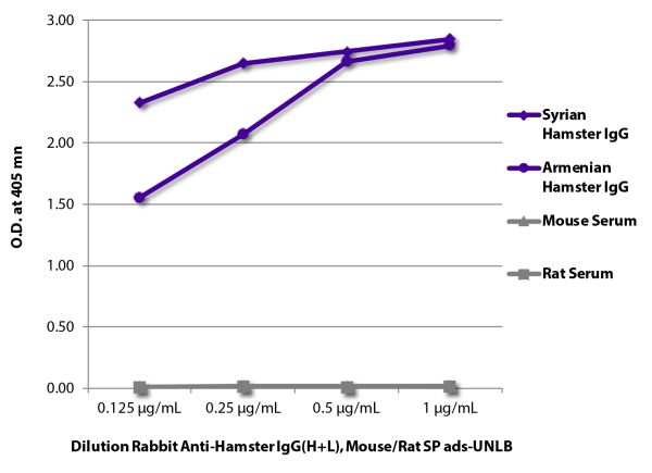 ELISA plate was coated with purified Syrian hamster IgG, Armenian hamster IgG, mouse serum, and rat serum. Immunoglobulins and sera were detected with Rabbit Anti-Hamster IgG(H+L), Mouse/Rat SP ads-UNLB (SB Cat. No. 6215-01) followed by Goat Anti-Rabbit IgG(H+L), Mouse/Human ads-HRP (SB Cat. No. 4050-05).