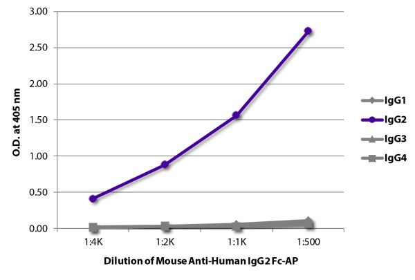 ELISA plate was coated with purified human IgG<sub>1</sub>, IgG<sub>2</sub>, IgG<sub>3</sub>, and IgG<sub>4</sub>. Immunoglobulins were detected with serially diluted Mouse Anti-Human IgG<sub>2</sub> Fc-AP (SB Cat. No. 9060-04).