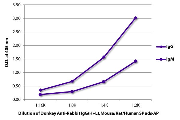ELISA plate was coated with purified rabbit IgG and IgM. Immunoglobulins were detected with serially diluted Donkey Anti-Rabbit IgG(H+L), Mouse/Rat/Human SP ads-AP (SB Cat. No. 6440-04).