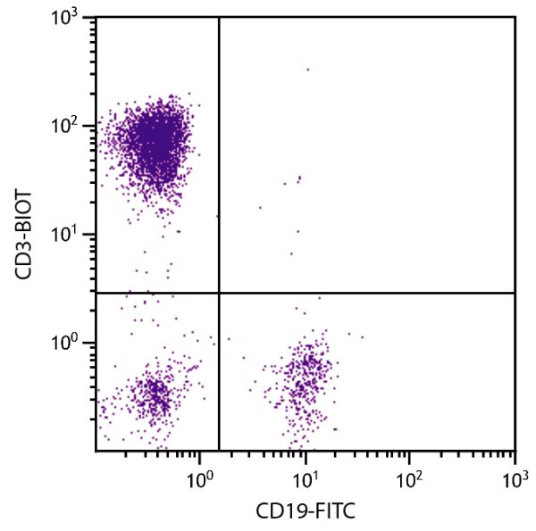 Human peripheral blood lymphocytes were stained with Mouse Anti-Human CD3-BIOT (SB Cat. No. 9515-08) and Mouse Anti-Human CD19-FITC (SB Cat. No. 9340-02) followed by Streptavidin-PE (SB Cat. No. 7100-09).