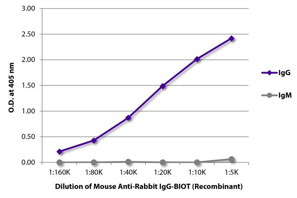 ELISA plate was coated with purified rabbit IgG and IgM. Immunoglobulins were detected with serially diluted Mouse Anti-Rabbit IgG-BIOT (Recombinant) - (SB Cat. No. 24090-08) followed by Streptavidin-HRP (SB Cat. No. 7105-05).