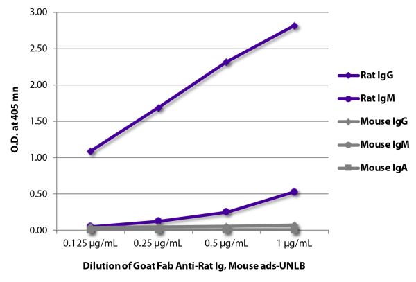 ELISA plate was coated with purified rat IgG and IgM and mouse IgG, IgM, and IgA. Immunoglobulins were detected with serially diluted Goat Fab Anti-Rat Ig, Mouse ads-UNLB (SB Cat. No. 3000-01) followed by Swine Anti-Goat IgG(H+L), Human/Rat/ Mouse SP ads-HRP (SB Cat. No. 6300-05).