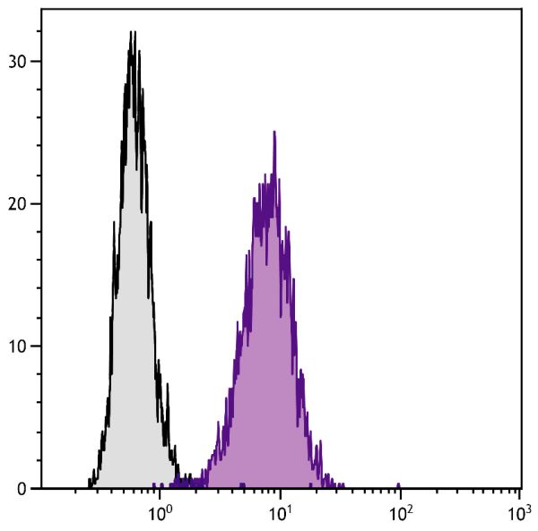 Human histiocytic lymphoma cell line U-937 was stained with Mouse Anti-Human CD71-UNLB (SB Cat. No. 9670-01) followed by Goat Anti-Mouse IgG<sub>1</sub>, Human ads-FITC (SB Cat. No. 1070-02).