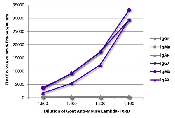 FLISA plate was coated with purified mouse IgGκ, IgMκ, IgAκ, IgGλ, IgMλ, and IgAλ. Immunoglobulins were detected with serially diluted Goat Anti-Mouse Lambda-TXRD (SB Cat. No. 1060-07).