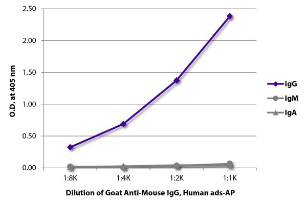 ELISA plate was coated with purified mouse IgG, IgM, and IgA. Immunoglobulins were detected with serially diluted Goat Anti-Mouse IgG, Human ads-AP (SB Cat. No. 1030-04).