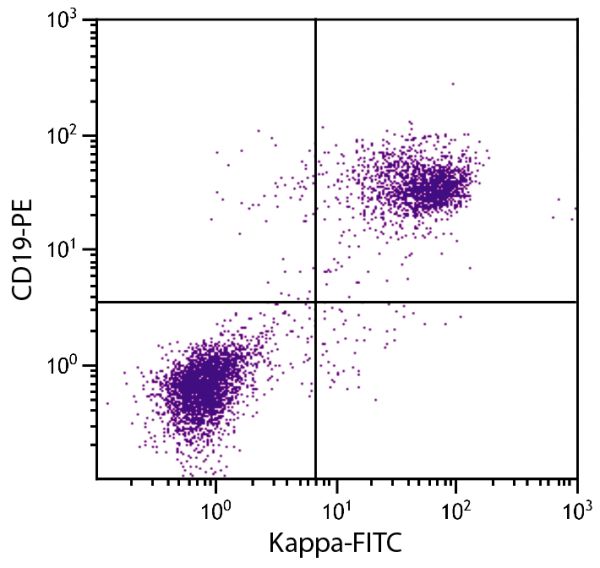 BALB/c mouse splenocytes were stained with Rat Anti-Mouse Kappa-FITC (SB Cat. No. 1170-02S) and Rat Anti-Mouse CD19-PE (SB Cat. No. 1575-09).