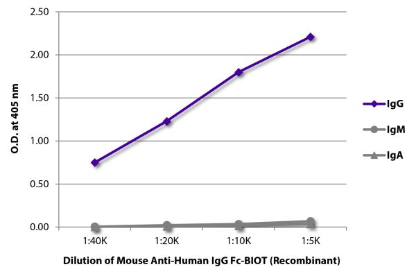 ELISA plate was coated with purified human IgG, IgM, and IgA.  Immunoglobulins were detected with serially diluted Mouse Anti-Human IgG Fc-BIOT (Recombinant) - (SB Cat. No. 29040-08) followed by Streptavidin-HRP (SB Cat. No. 7105-05).