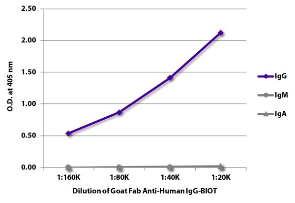ELISA plate was coated with purified human IgG, IgM, and IgA. Immunoglobulins were detected with serially diluted Goat Fab Anti-Human IgG-BIOT (SB Cat. No. 2041-08) followed by Streptavidin-HRP (SB Cat. No. 7100-05).