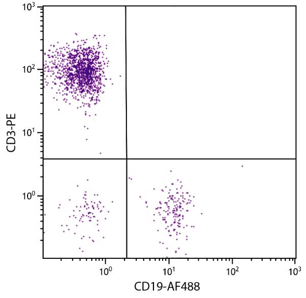 Human peripheral blood lymphocytes were stained with Mouse Anti-Human CD19-AF488 (SB Cat. No. 9340-30) and Mouse Anti-Human CD3-PE (SB Cat. No. 9515-09).