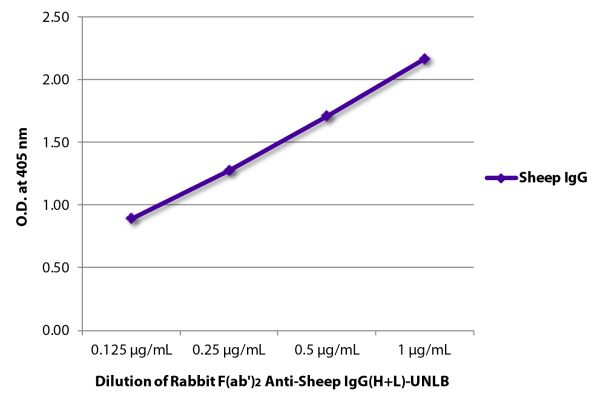 ELISA plate was coated with purified sheep IgG.  Immunoglobulin was detected with Rabbit F(ab')<sub>2</sub> Anti-Sheep IgG(H+L)-UNLB (SB Cat. No. 6010-01) followed by Goat Anti-Rabbit Ig, Human ads-UNLB (SB Cat. No. 4010-05).