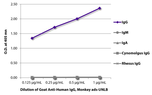 ELISA plate was coated with purified human IgG, IgM, and IgA, cynomolgus IgG, and rhesus IgG. Immunoglobulins were detected with serially diluted Goat Anti-Human IgG, Monkey ads-UNLB (SB Cat. No. 2049-01) followed by Swine Anti-Goat IgG(H+L), Human/Rat/M