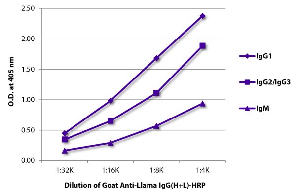ELISA plate was coated with purified llama IgG<sub>1</sub>, IgG<sub>2</sub>/IgG<sub>3</sub>, and IgM. Immunoglobulins were detected with Goat Anti-Llama IgG(H+L)-HRP (SB Cat. No. 6045-05).