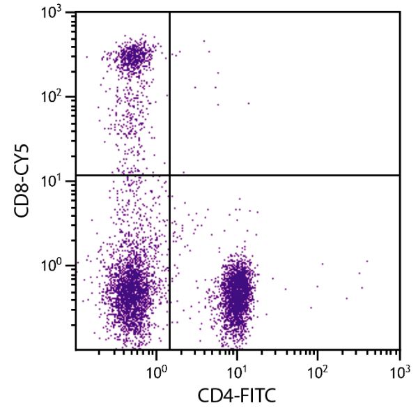 Human peripheral blood lymphocytes were stained with Mouse Anti-Human CD8-CY5 (SB Cat. No. 9536-15) and Mouse Anti-Human CD4-FITC (SB Cat. No. 9522-02).