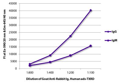 FLISA plate was coated with purified rabbit IgG and IgM. Immunoglobulins were detected with serially diluted Goat Anti-Rabbit Ig, Human ads-TXRD (SB Cat. No. 4010-07).