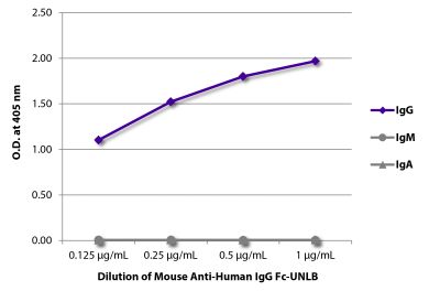 ELISA plate was coated with purified human IgG, IgM, and IgA. Immunoglobulins were detected with serially diluted Mouse Anti-Human IgG Fc-UNLB (SB Cat. No. 9042-01) followed by Goat Anti-Mouse IgG(H+L), Multi-Species SP ads-BIOT (SB Cat. No. 1038-08) and Streptavidin-HRP (SB Cat. No. 7100-05).