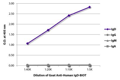 ELISA plate was coated with purified human IgD, IgG, IgM, and IgA. Immunoglobulins were detected with serially diluted Goat Anti-Human IgD-BIOT (SB Cat. No. 2030-08) followed by Streptavidin-HRP (SB Cat. No. 7100-05).