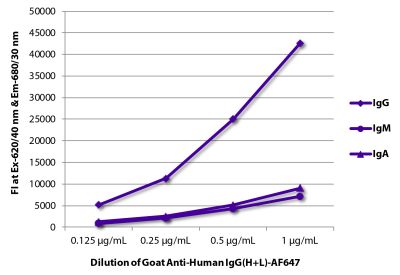 FLISA plate was coated with purified human IgG, IgM, and IgA. Immunoglobulins were detected with serially diluted Goat Anti-Human IgG(H+L)-AF647 (SB Cat. No. 2015-31).