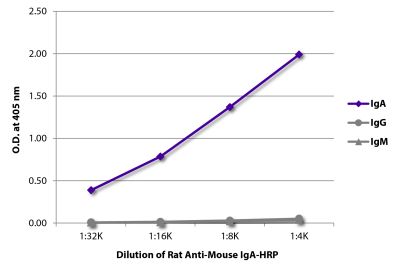 ELISA plate was coated with purified mouse IgM, IgG, and IgA. Immunoglobulins were detected with serially diluted Rat Anti-Mouse IgA-HRP (SB Cat. No. 1165-05).