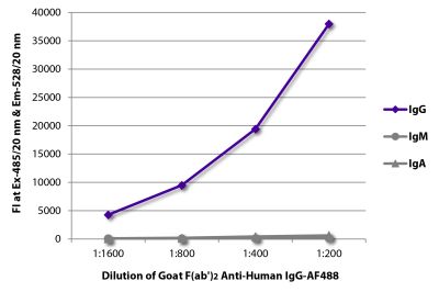 FLISA plate was coated with purified human IgG, IgM, and IgA. Immunoglobulins were detected with serially diluted Goat F(ab')<sub>2</sub> Anti-Human IgG-AF488 (SB Cat. No. 2042-30).