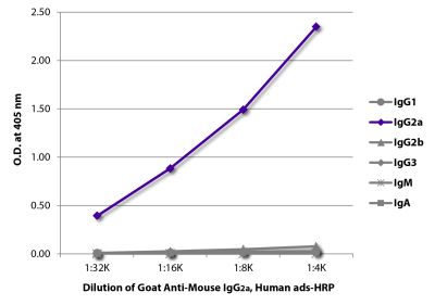 ELISA plate was coated with purified mouse IgG<sub>1</sub>, IgG<sub>2a</sub>, IgG<sub>2b</sub>, IgG<sub>3</sub>, IgM, and IgA. Immunoglobulins were detected with serially diluted Goat Anti-Mouse IgG<sub>2a</sub>, Human ads-HRP (SB Cat. No. 1080-05).