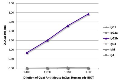 ELISA plate was coated with purified mouse IgG<sub>1</sub>, IgG<sub>2a</sub>, IgG<sub>2b</sub>, IgG<sub>3</sub>, IgM, and IgA. Immunoglobulins were detected with serially diluted Goat Anti-Mouse IgG<sub>2b</sub>, Human ads-BIOT (SB Cat. No. 1090-08) followed by Streptavidin-HRP (SB Cat. No. 7100-05).