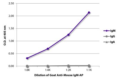 ELISA plate was coated with purified mouse IgM, IgG, and IgA. Immunoglobulins were detected with serially diluted Goat Anti-Mouse IgM-AP (SB Cat. No. 1021-04).