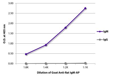 ELISA plate was coated with purified rat IgM and IgG. Immunoglobulins were detected with serially diluted Goat Anti-Rat IgM-AP (SB Cat. No. 3020-04).
