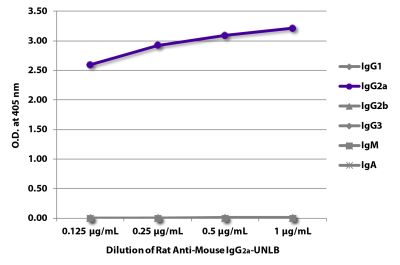 ELISA plate was coated with purified mouse IgG<sub>1</sub>, IgG<sub>2a</sub>, IgG<sub>2b</sub>, IgG<sub>3</sub>, IgM, and IgA. Immunoglobulins were detected with serially diluted Rat Anti-Mouse IgG<sub>2a</sub>-UNLB (SB Cat. No. 1155-01) followed by Mouse Anti-Rat IgG<sub>1</sub>-HRP (SB Cat. No. 3060-05).