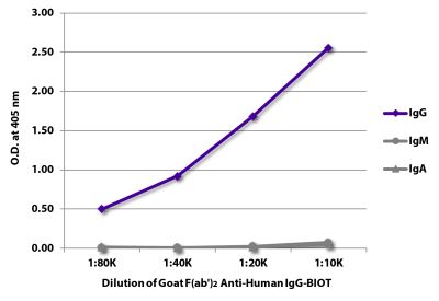 ELISA plate was coated with purified human IgG, IgM, and IgA. Immunoglobulins were detected with serially diluted Goat F(ab')<sub>2</sub> Anti-Human IgG-BIOT (SB Cat. No. 2042-08) followed by Streptavidin-HRP (SB Cat. No. 7100-05).