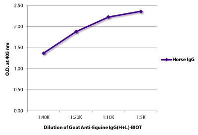 ELISA plate was coated with purified horse IgG. Immunoglobulin was detected with Goat Anti-Equine IgG(H+L)-BIOT (SB Cat. No. 6040-08) followed by Streptavidin-HRP (SB Cat. No. 7100-05).