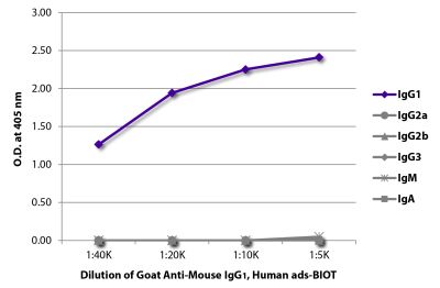 ELISA plate was coated with purified mouse IgG<sub>1</sub>, IgG<sub>2a</sub>, IgG<sub>2b</sub>, IgG<sub>3</sub>, IgM, and IgA. Immunoglobulins were detected with serially diluted Goat Anti-Mouse IgG<sub>1</sub>, Human ads-BIOT (SB Cat. No. 1070-08) followed by Streptavidin-HRP (SB Cat. No. 7100-05).