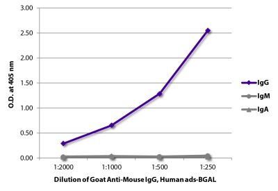 ELISA plate was coated with purified mouse IgG, IgM, and IgA. Immunoglobulins were detected with serially diluted Goat Anti-Mouse IgG, Human ads-BGAL (SB Cat. No. 1030-06).