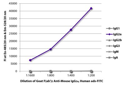 FLISA plate was coated with purified mouse IgG<sub>1</sub>, IgG<sub>2a</sub>, IgG<sub>2b</sub>, IgG<sub>3</sub>, IgM, and IgA. Immunoglobulins were detected with serially diluted Goat F(ab')<sub>2</sub> Anti-Mouse IgG<sub>2a</sub>, Human ads-FITC (SB Cat. No. 1082-02).