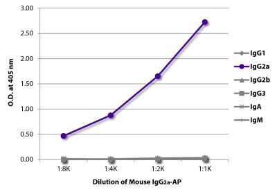 ELISA plate was coated with Goat Anti-Mouse IgG<sub>1</sub>, Human ads-UNLB (SB Cat. No. 1070-01), Goat Anti-Mouse IgG<sub>2a</sub>, Human ads-UNLB (SB Cat. No. 1080-01), Goat Anti-Mouse IgG<sub>2b</sub>, Human ads-UNLB (SB Cat. No. 1090-01), Goat Anti-Mouse IgG<sub>3</sub>, Human ads-UNLB (SB Cat. No. 1100-01), Goat Anti-Mouse IgA-UNLB (SB Cat. No. 1040-01), and Goat Anti-Mouse IgM, Human ads-UNLB (SB Cat. No. 1020-01). Serially diluted Mouse IgG<sub>2a</sub>-AP (SB Cat. No. 0103-04) was captured and quantified.